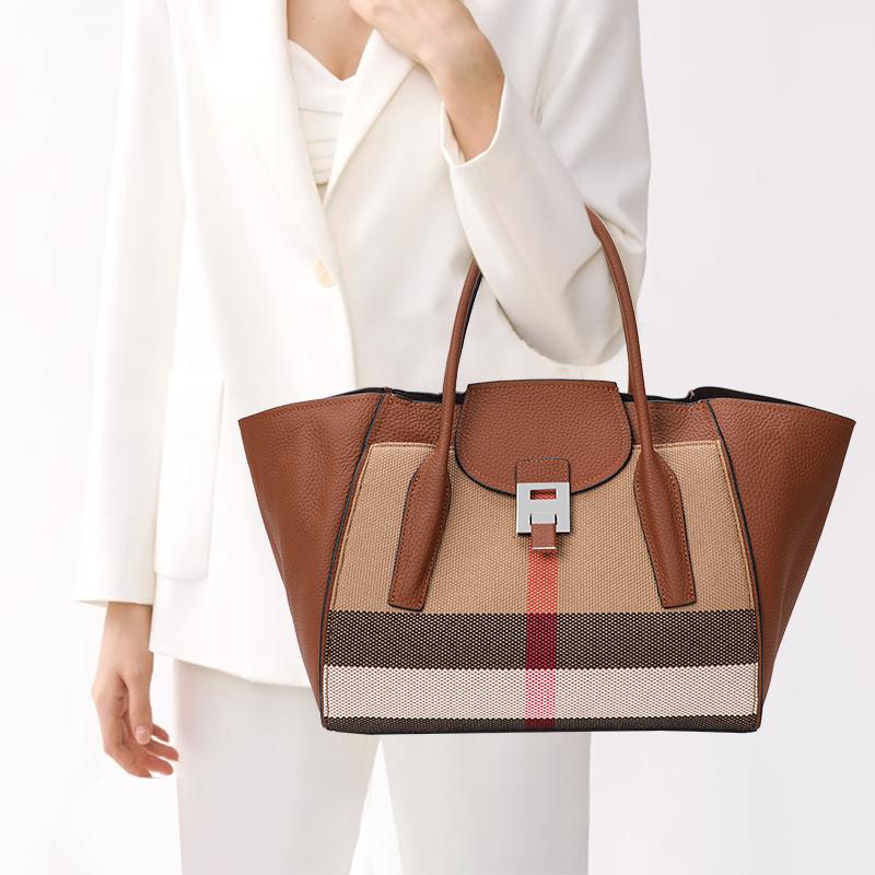 Новая женская винтажная клетчатая сумка большой вместимости, повседневная универсальная сумка из холста и коровьей кожи