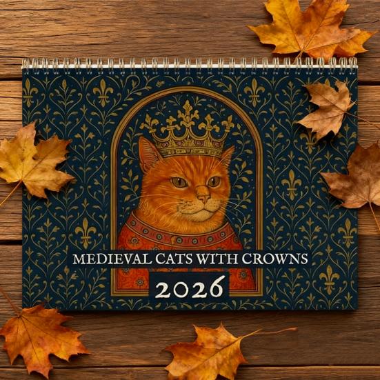 2026 Medieval Cat Calendar with Crowns Whimsical Art Monthly Wall Calendar