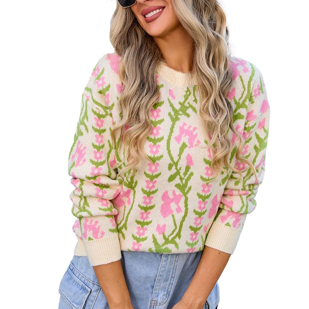 Women's Casual Fashion Comfortable Round Neck Pullover Contrast Color Flower Long Sleeve Street Trend Knitted Sweater