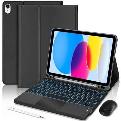 Чехол-клавиатура для iPad A16 (11 ") / iPad 10 (10,9 дюйма) Черная PU кожа с подсветкой клавиатуры + Мышь + Стилус