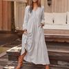 Women's Fashion Spring Fall Solid Color Print Long Sleeve V-Neck Loose Waistline Casual Dresses