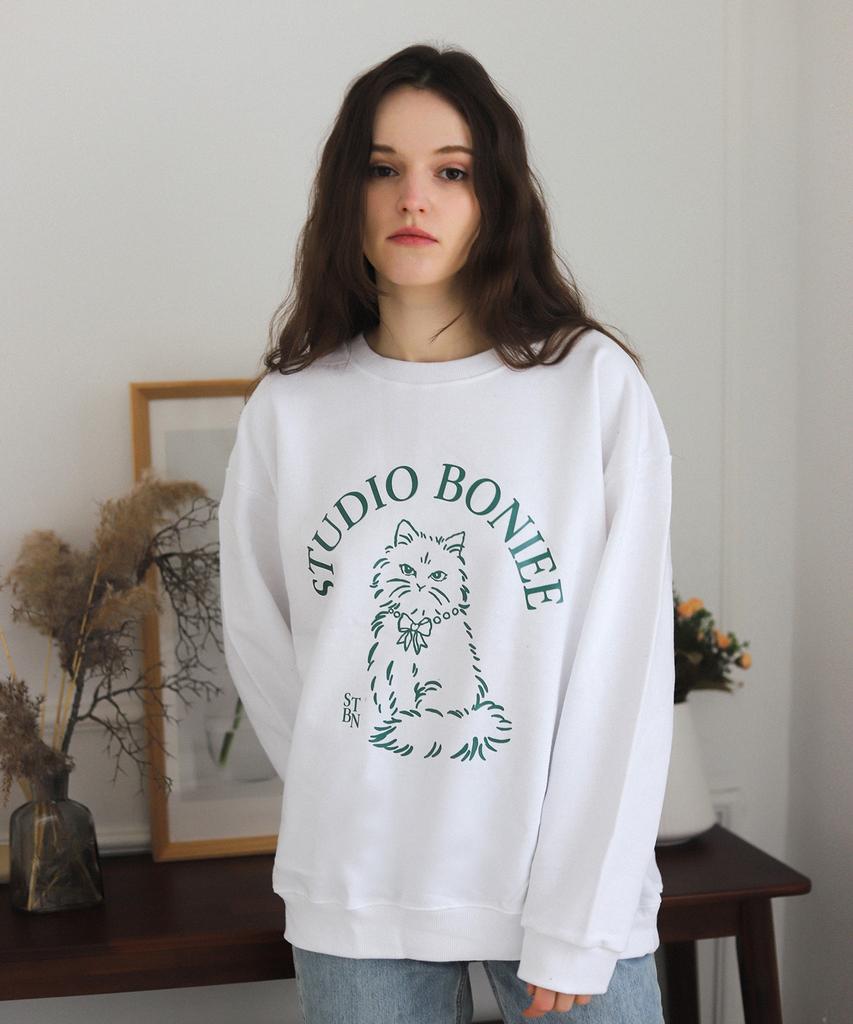 BONIEE [Fleece Lined] New Cat Symbol Cat Oversized Sweatshirt White
