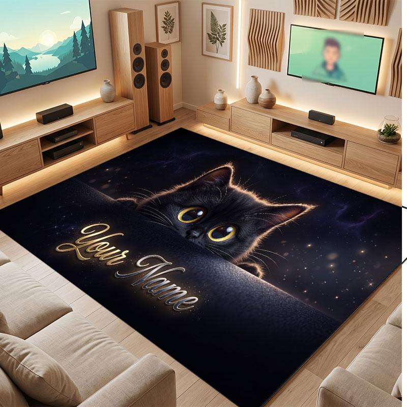 Cat Theme Crystal Velvet Floor Rug Personalized Custom Name Text Warm Carpet Home Decoration