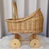 Stroller Shaped Flower Basket Rattan Woven Candy Basket with Handle Portable Decorative Rustic Basket with Wheels for Baby Showers Floral Arrangements