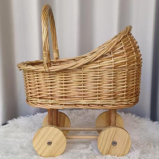 Stroller Shaped Flower Basket Rattan Woven Candy Basket with Handle Portable Decorative Rustic Basket with Wheels for Baby Showers Floral Arrangements