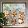 Spring Fox Window Clings Cartoon Fox Flowers Butterflies Glass Sticker Removable Cute Animal Window Decals for Home Office Shop