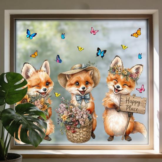Spring Fox Window Clings Cartoon Fox Flowers Butterflies Glass Sticker Removable Cute Animal Window Decals for Home Office Shop