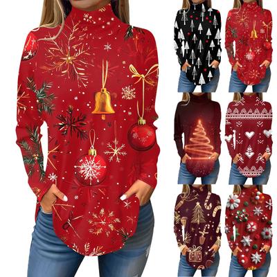 Женская модная повседневная футболка с высоким воротом и рождественским принтом, длинный рукав, пуловер, топ