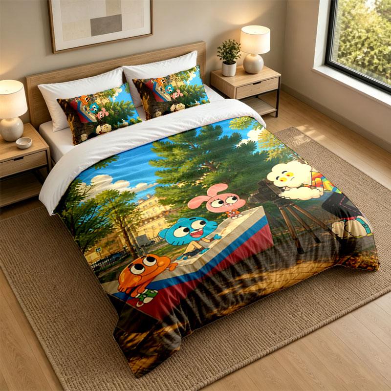 3Pcs Bedding SetAmazing World of Gumball Soft Bed Sheet and Two Pillowcases Home Bedroom Decor