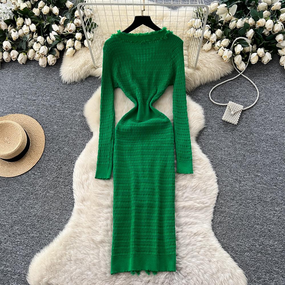 Новые женские платья Осень Зима Винтажное лоскутное вязаное миди-платье Элегантное платье-рубашка-свитер с V-образным вырезом и оборками