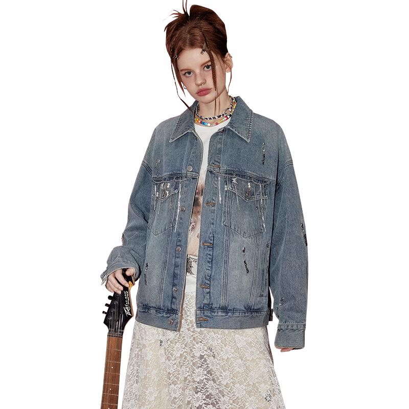 unifree Американская Ретро Джинсовая Куртка Свободного Кроя с Потертостями
