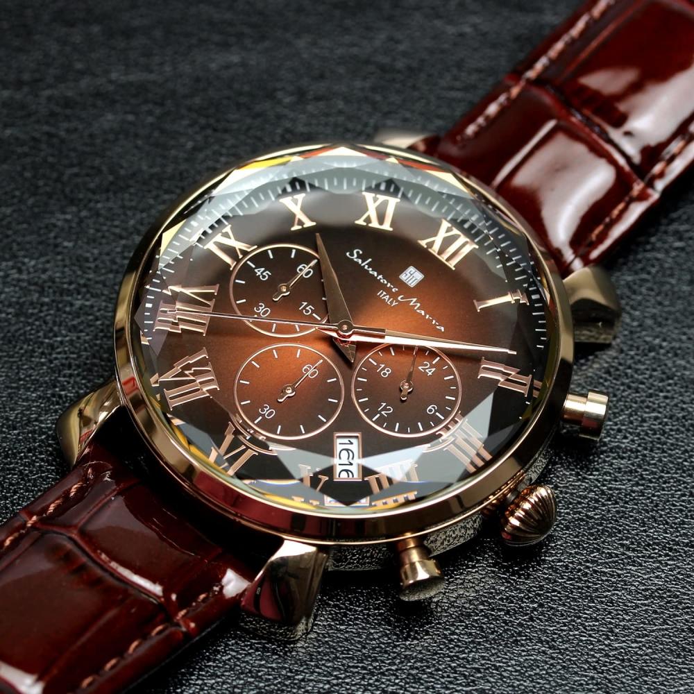 [Salvatore Mara] Часы с многогранным стеклом, хронограф, ремешок из кожи крокодила, мужские, коричневые, SM19104-PGBRBR