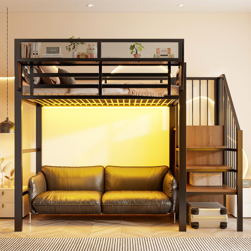 High Bed 90x200 with LED Light Strip, Safety Ladder and Flexible Storage Metal Bed Adult Bed Children's Bunk Bed Black