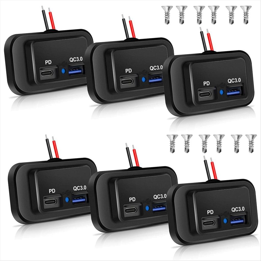 BHBL 6 шт. 12 В/24 В USB-розетка для фургона, двойная Type-C PD3.0 (USB C) & Панельная USB-розетка для автомобиля с поддержкой Quick Charge QC3.0, USB-A
