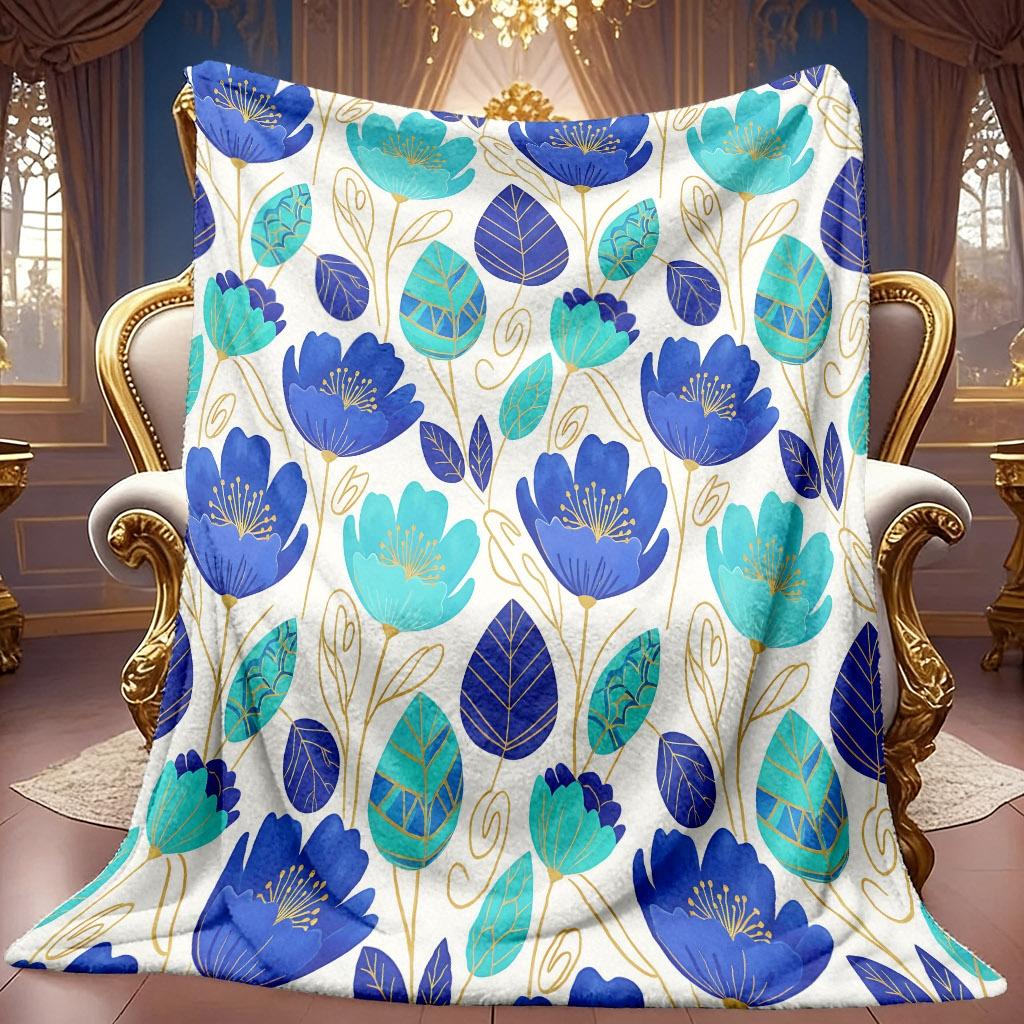 1pc 2D Blue-Green Floral And Leaf Theme Pattern Flannel Blanket, Soft HD Digital Print, Cooling Blanket All-Season Use! Soft And Breathable 100% Polye