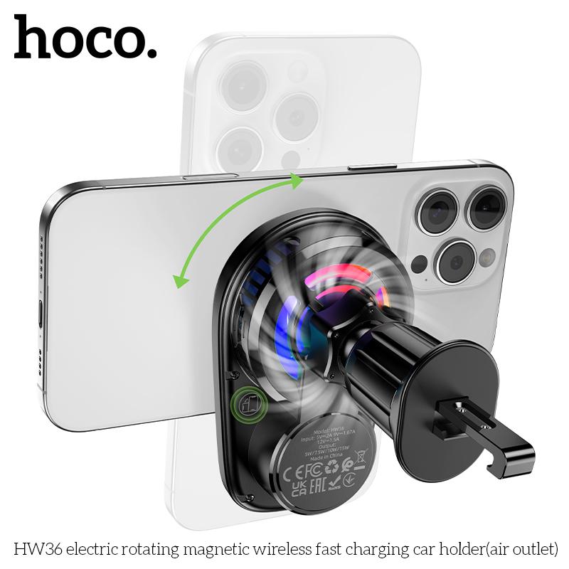 Hoco HW36 15 Вт MagSafe Беспроводное автомобильное зарядное устройство, Электрический вращающийся держатель для телефона на вентиляционное отверстие