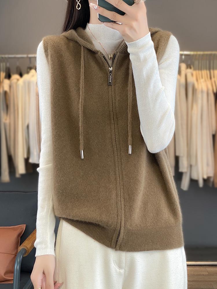 2025 A/W Hooded Wool Knit Vest - Zippered Sleeveless Sweater Coat