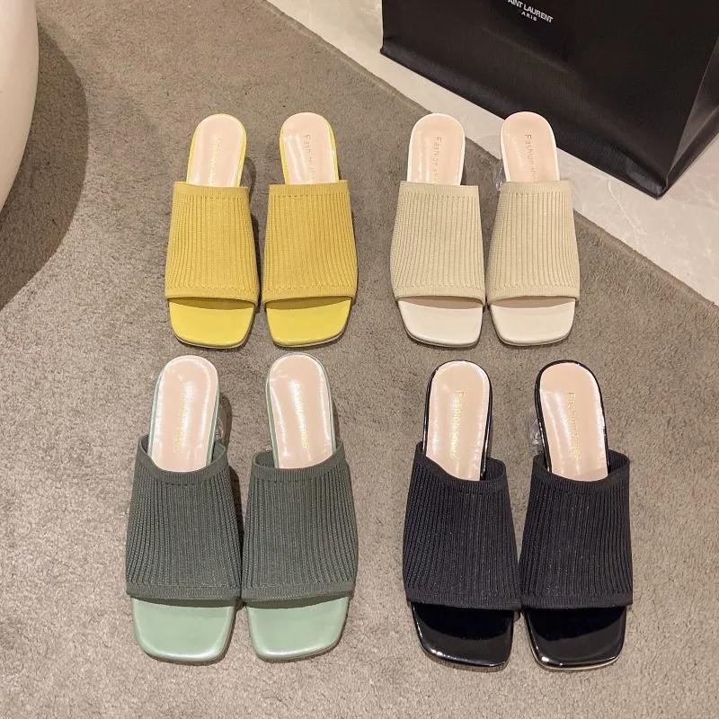 Fashion New Fashion Summer Sexy Women's Transparent Thick Heel SandalsElegant Party Banquet Square Toe Medium Heel Mesh Slippers