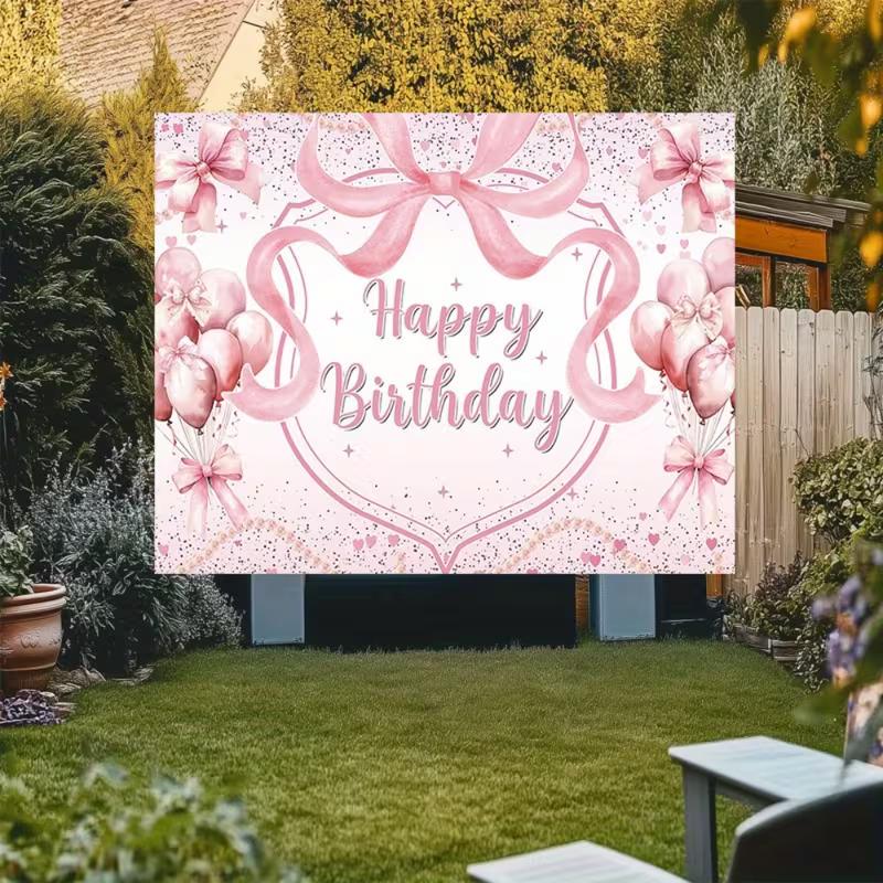 2D Pink Bow Happy Birthday Backdrop for Baby Shower Girl Birthday Party Decoration