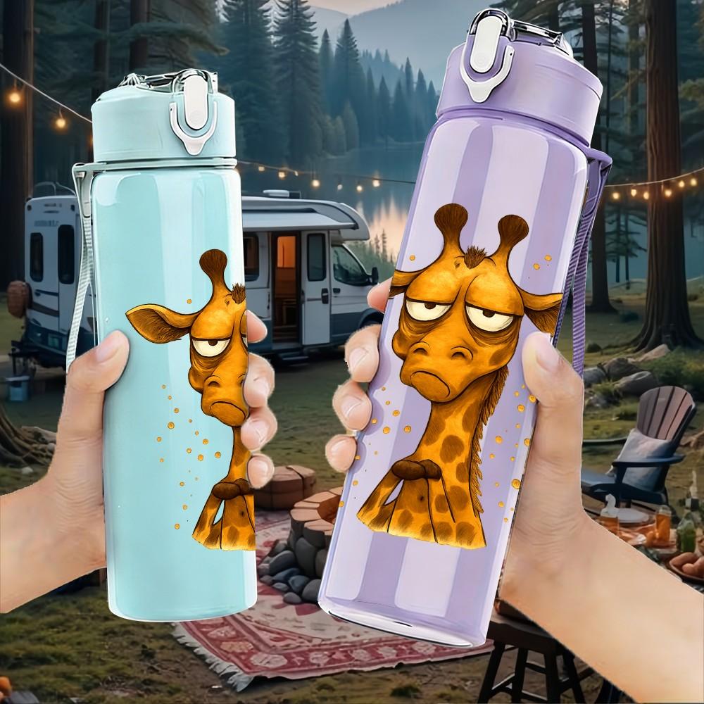 1PC Simple Giraffe Portrait 750ml Color Plastic Sports Water Bottle Leakproof Flip Straw Lid Suitable for Sports Office Home Use