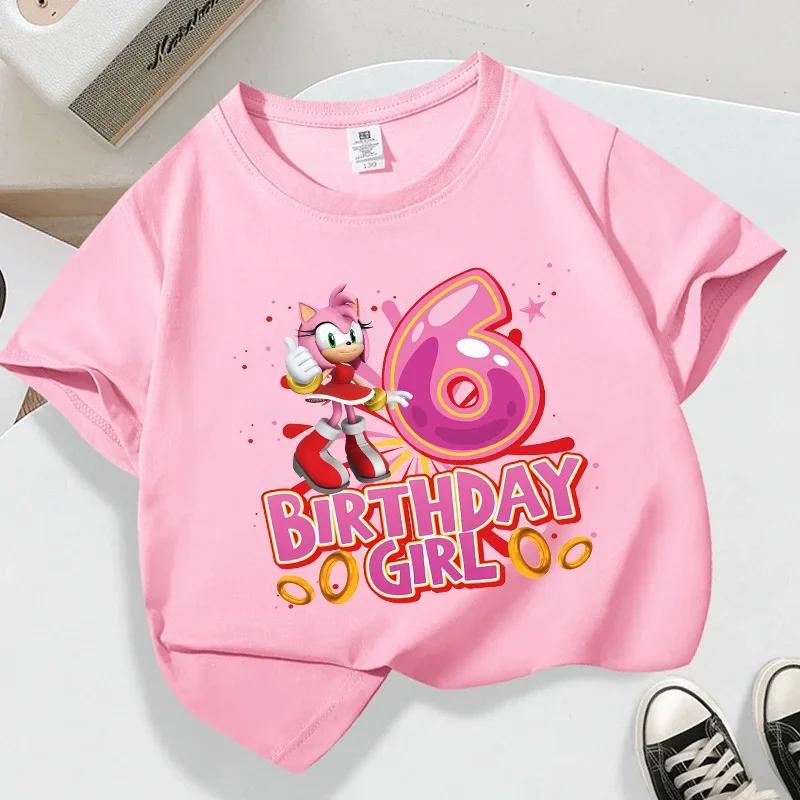 Summer Breathable T-shirts Short Sleeves Shirt Gift Sonics New Pink T-shirt for Girls Birthday Number 1-9 Cute Cartoon White Tee