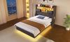 Upholstered Floating Bed 90x200 cm, LED Lighting, Storage Headboard, Charging (1 Type-C, 3 USB), Single Bed, Slats, Linen, Grey (Without Mattress)