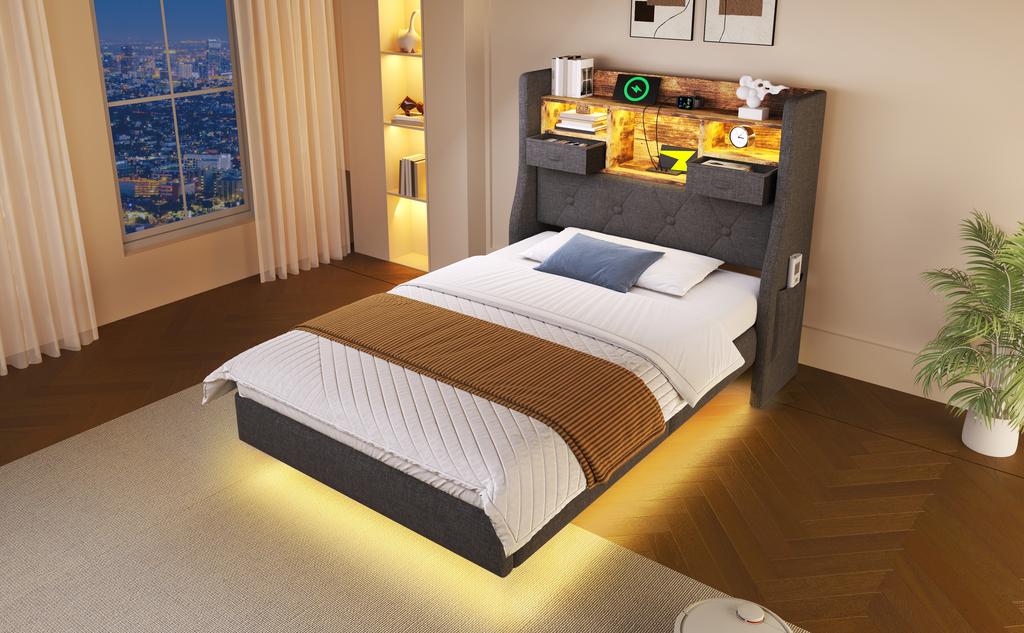 Upholstered Floating Bed 90x200 cm with LED Lighting, Headboard, Charging (1 Type-C, 3 USB) and Storage, Slatted Frame, Linen, Grey (With Mattress)