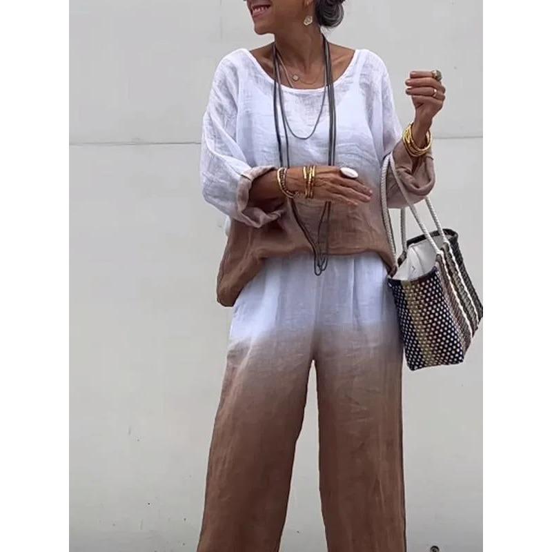 Женский летний градиентный свободный костюм, офисный костюм, удобный свободный круглый вырез, длинный рукав + длинные брюки, комплект из двух предметов