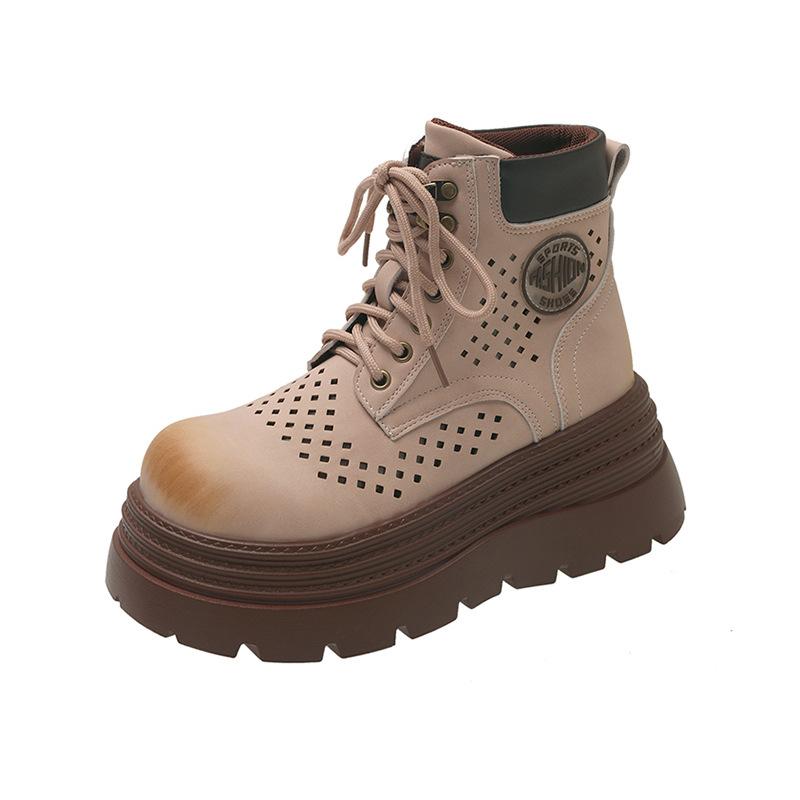 Британский стиль ретро полированные ботинки Мартина женские 2025 новые полые дышащие на толстой подошве горные рабочие ботинки цвета ревеня