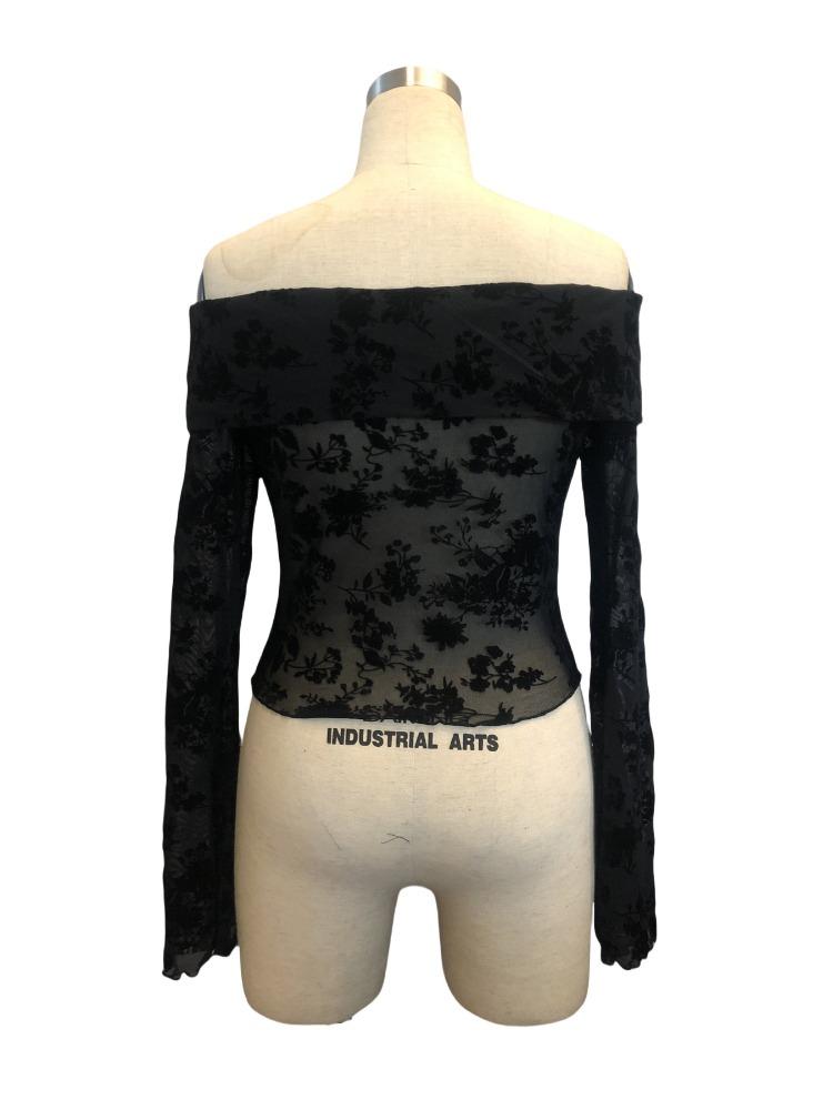 Женский вязаный сетчатый флокированный топ-футболка без бретелек с расклешенными рукавами, облегающий, с цветочным принтом. Женские универсальные базовые вещи для гардероба, модные вещи, рубашка