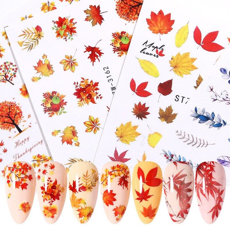1PC 6.1*5.3cm Watermark Fall Leaves Nail Decals Autumn Yellow Maple Leaf Nail Art Stickers DIY Manicure Slider Decorations