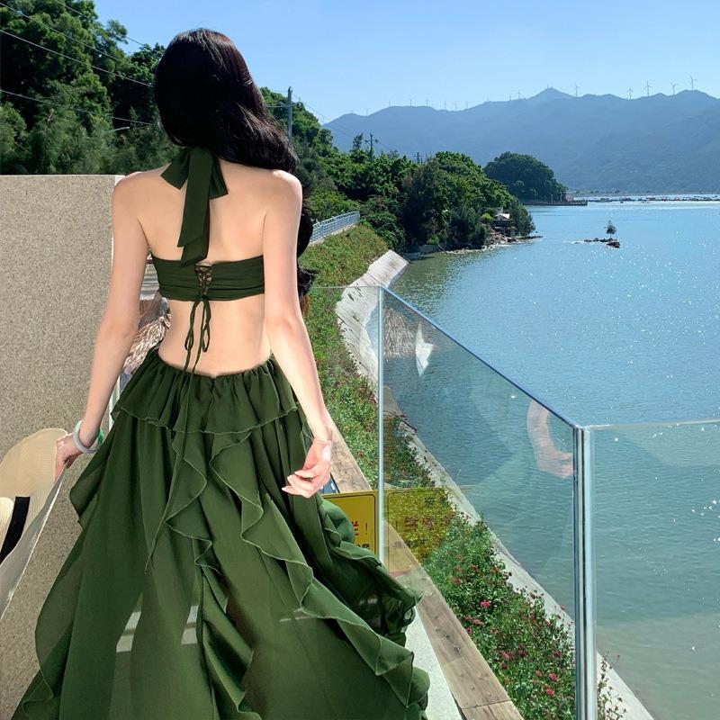 Сексуальное платье на бретельках с оборками по краю, с открытой спиной, ретро, с акцентом на талию, тонкое, пляжное платье