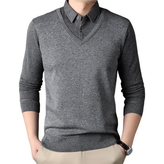 Мужской свитер, имитация двухсекционной рубашки и свитера, формальный деловой стиль, отложной воротник, длинные рукава, полосатый офисный топ на осень и весну