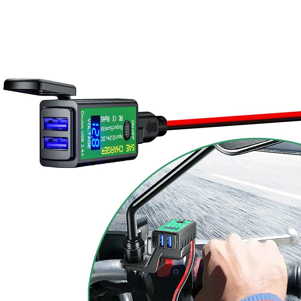 Motorcycle USB Charger for Phone 12V SAE to Dual USB Fast Charging Adapter with Voltmeter On/Off Switch 3.1A/4.8A TYPE-C
