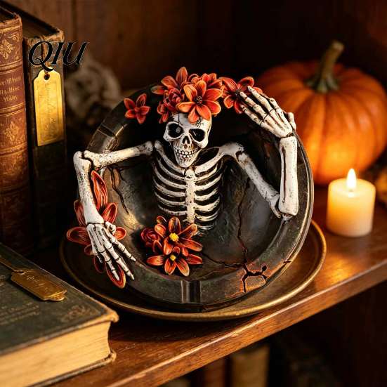 Heavy Duty Windproof Ash Tray Resin Flower Skull Ashtray, Decorative for Home Vintage Style Holder Office, Gothic Desktop Art Ornament Indoor