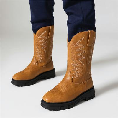 Женские сапоги до середины икры, ковбойские сапоги в стиле вестерн, женская модная обувь на толстом среднем каблуке и платформе с круглым носком, зимняя обувь 46