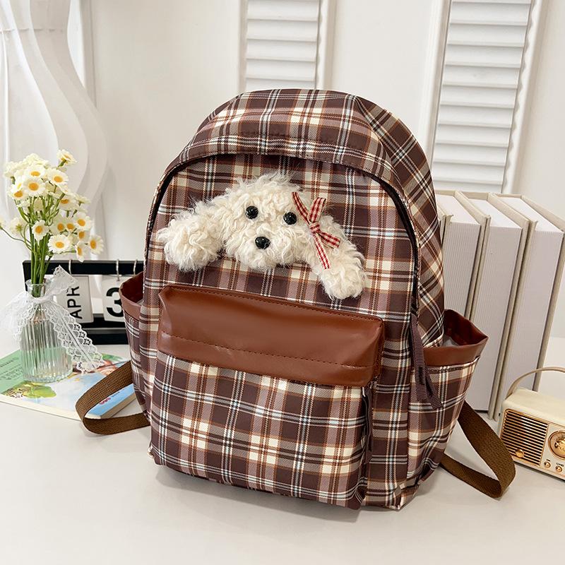 Vintage College Style Plaid Puppy Schoolbag 2025 Versatile Girls High-value College Students Class Backpack Backpack