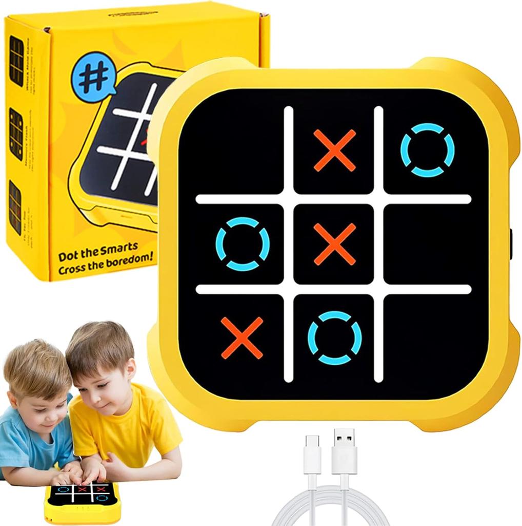 Tic Tac Toe Electronic, 3-in-1 Puzzle Game Console, Board Game, Family Portable Travel Games for Education, 3+ Year Old Boys (Yellow)