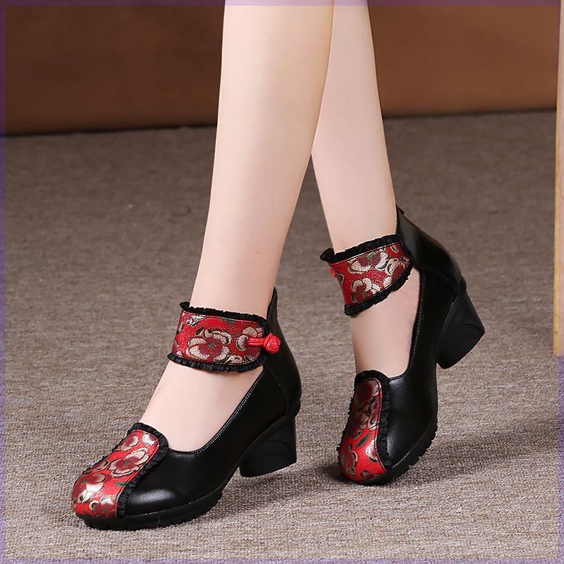 Ethnic Style Handmade Retro Leather Shoes Women's Spring Middle Layer Cowhide Heel Soft Sole Comfortable Thick Heel Single Shoes Printed Dance Shoes