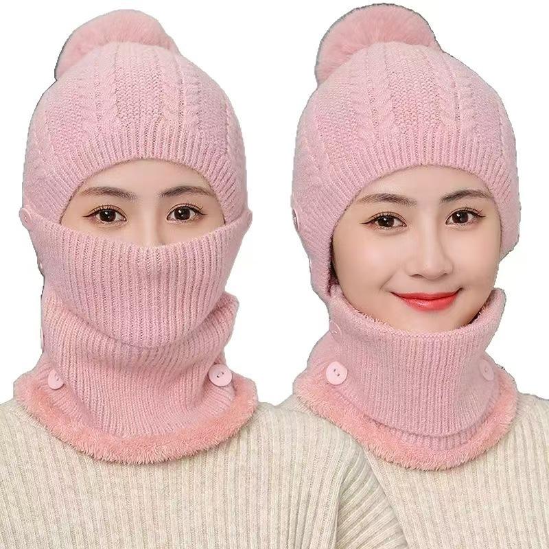 Autumn and winter hats women's knitted cold-proof hats, scarves, one-piece face protection masks, hats, scarves, solid-color velvet thermal hats.