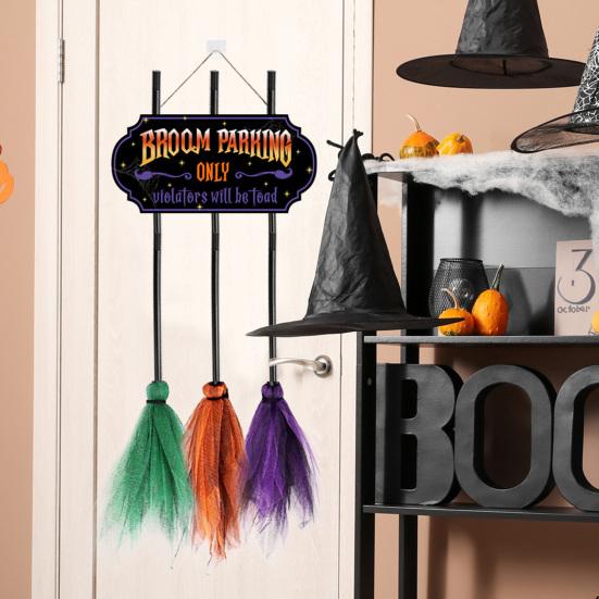 Знак парковки в виде метлы на Хэллоуин с 3 деревянными метлами ведьмы, подвесное украшение из цельного дерева, декоративный знак парковки в виде метлы на стену переднего крыльца