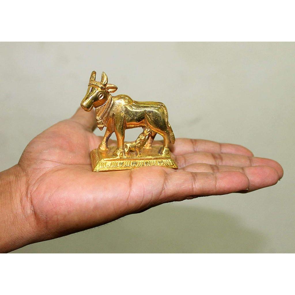 Латунная Священная Камдхену Камадхену Корова и Теленок Скульптура - Счастливая Фигурка Идол Статуя Скульптура (3 дюйма)