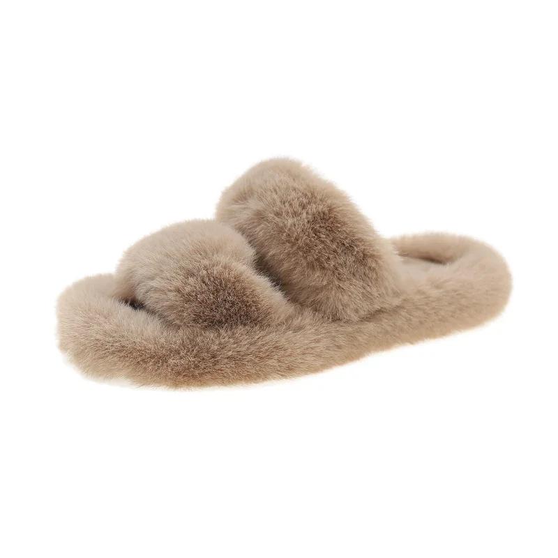 Women Fur Warm Winter Furry Fur Shoes Fluffy Plush Slippers Home House Indoor Shoes Bedroom Slippers Female Ladies Round Toe