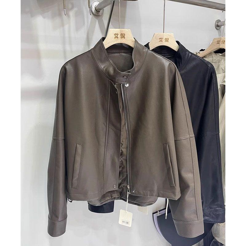 Повседневная темпераментная кожаная куртка-локомотив женская осенняя с высоким чувством воротником-стойкой свободная куртка модная коричневая