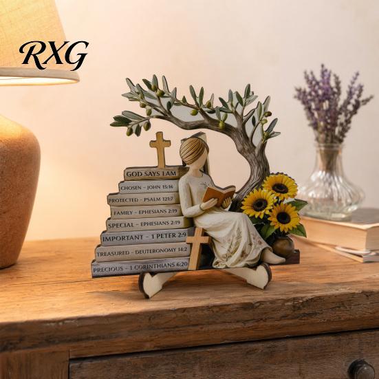 Minimalist Shelf Decor Sculpture Wooden Reading Girl Figurine, Stable Pastoral Style Statue Desktop Base Craft Decor, Artistic Healing Ornament,