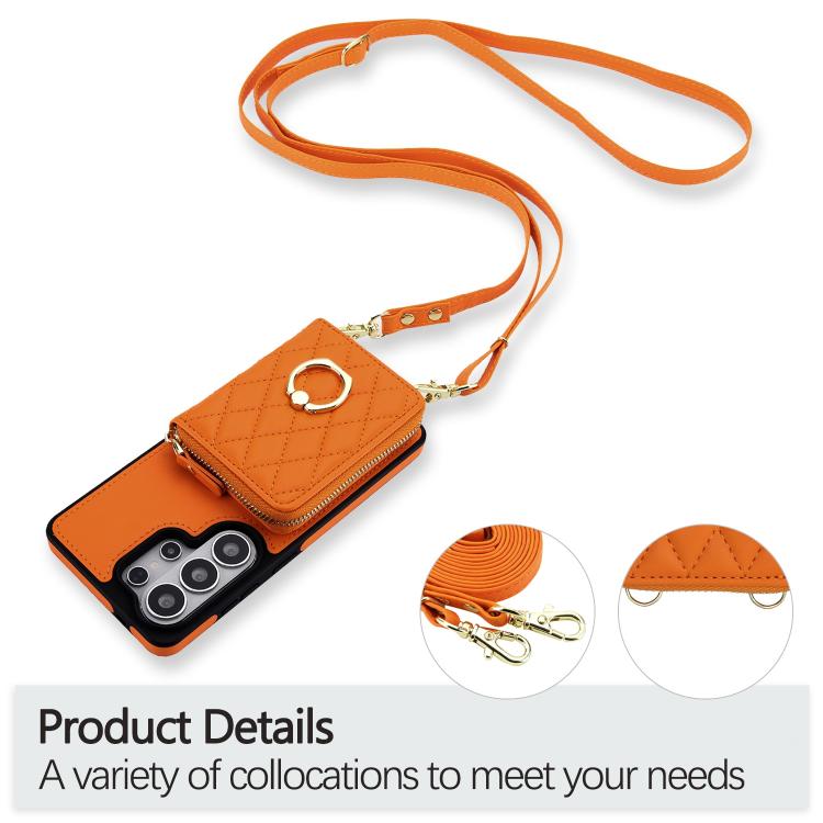 RFID Blocking Crossbody Rhombic Zipper Wallet Shockproof Phone Case With Ring Holder For Galaxy S22 Ultra 5G