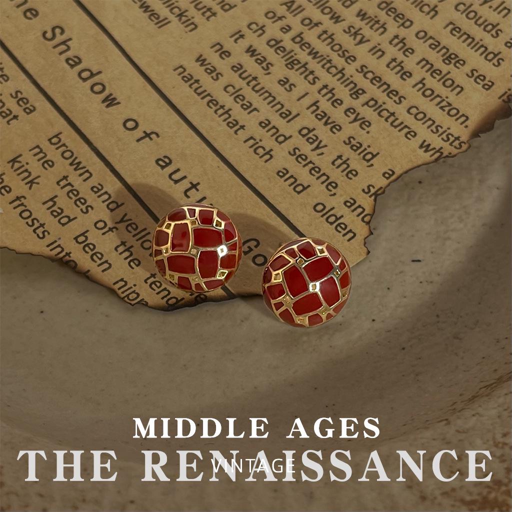 Vintage Burgundy Red Enamel Drop Earrings - Retro French Style Studs