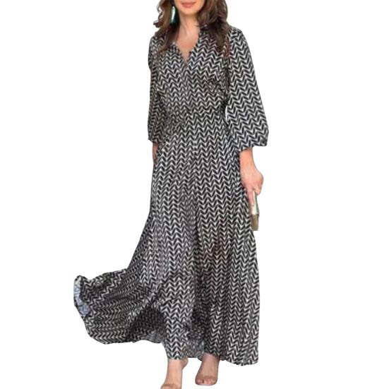 Women's Summer Maxi Dress V Neck Long Sleeve Flowy A-line Dress Casual Long Beach Sundress for Daily Vacation Parties
