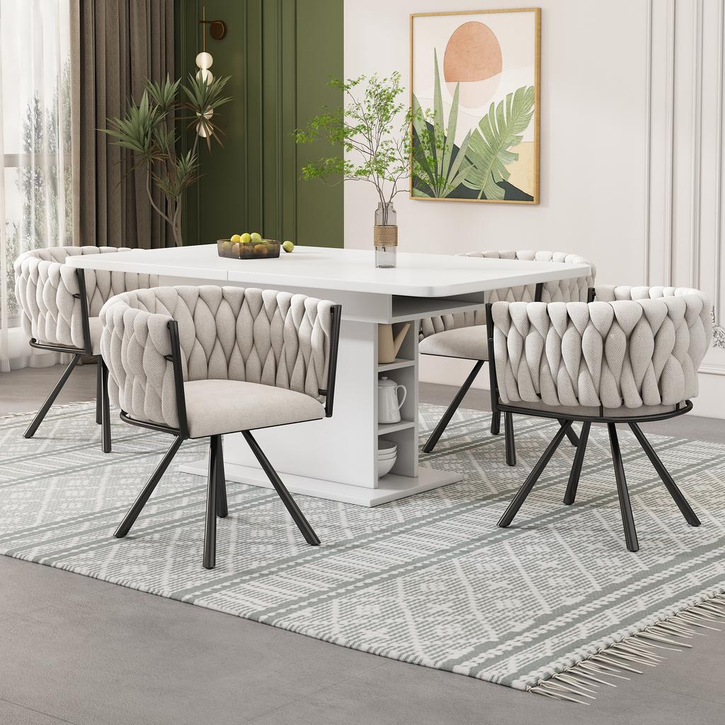 Linen dining chair, set of 2, light-colored luxury living room bedroom swivel chair, leisure chair with four metal support legs, linen beige and black