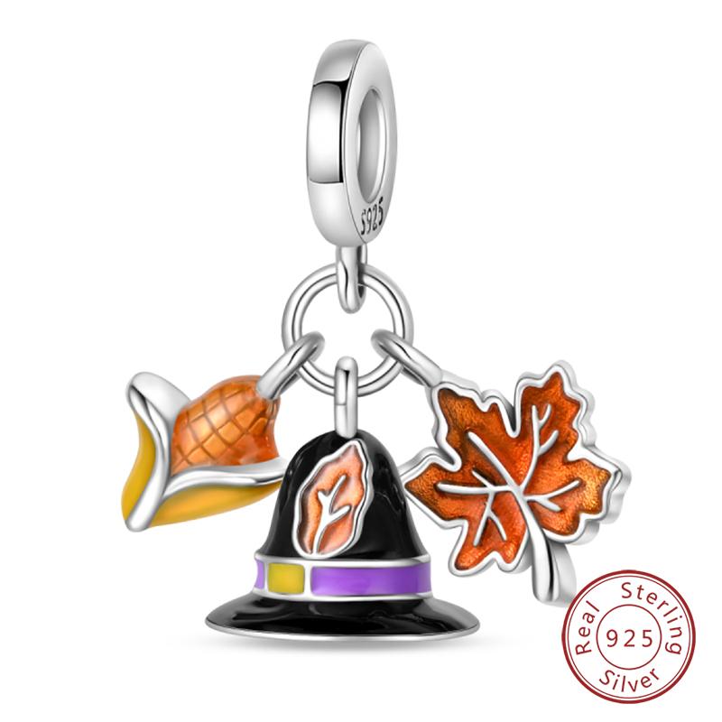 100% 925 Silver Autumn Harvest Series Brown Music Squirrel Scarecrow Pumpkin Maple Leaves Charms Beads DIY Jewelry Gift